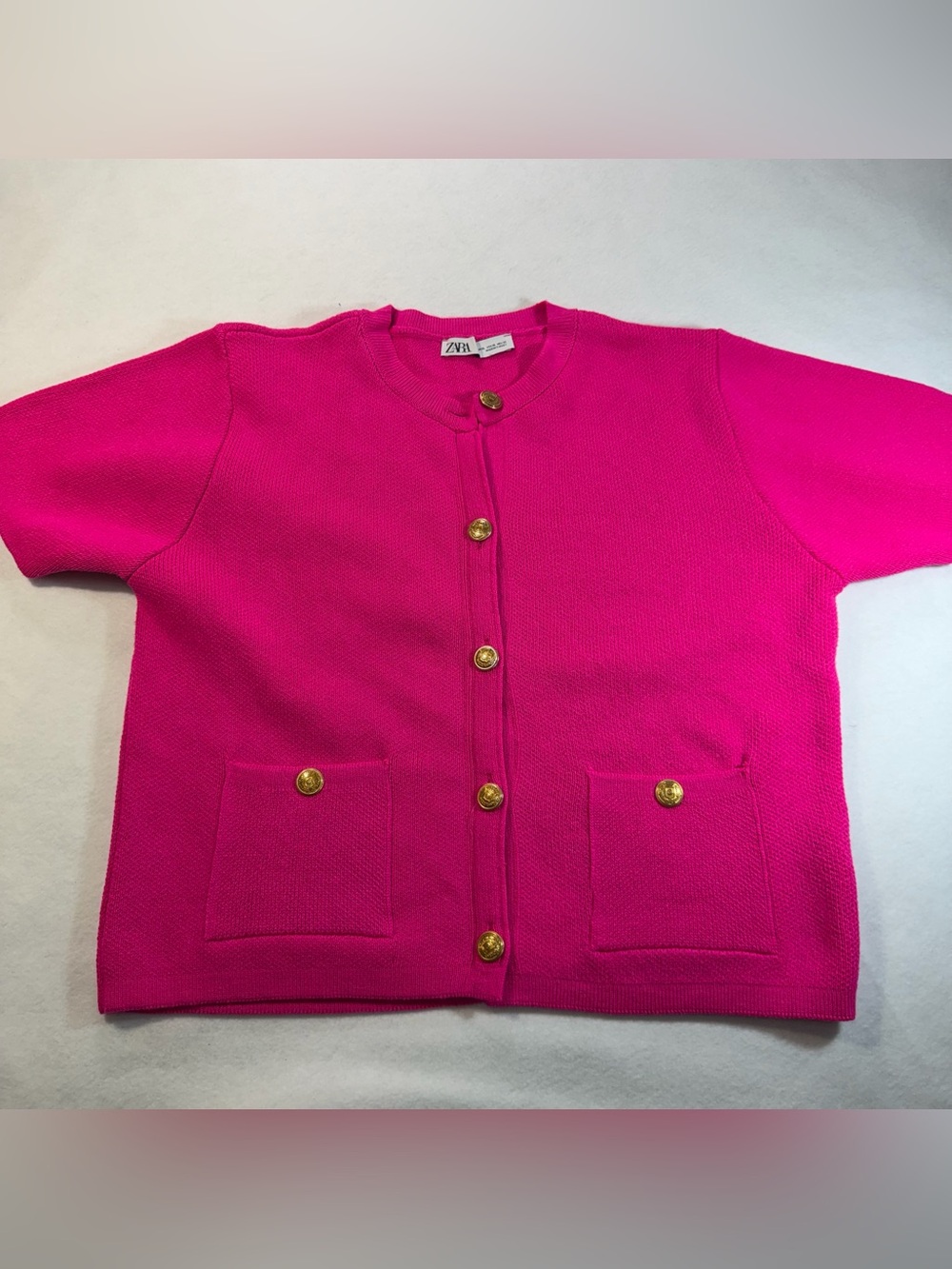Zara Hot Pink Fuchsia Gold Button Short Sleeve Cardigan XL